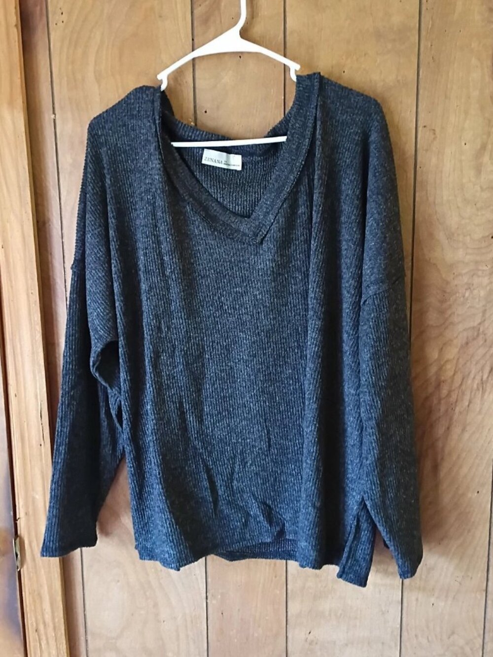 Zenana Womens 2X Black Ribbed V Neck Drop Shoulder Pullover Top Plus Size NEW